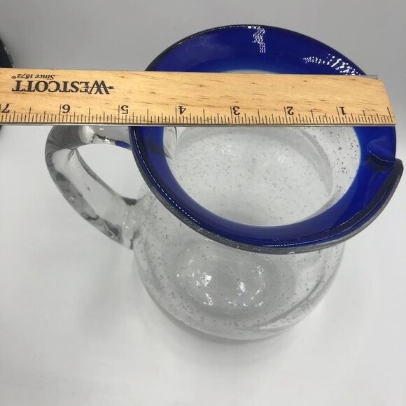 Cobalt Blue Rim Handblown Glass Pitcher With Handle Kitchen Drinkware - Picture 13 of 13